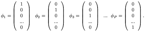 $\displaystyle \phi_1 =
\left(\begin{tabular}{c}1\\  0\\  0\\  ...\\  0
\end{tab...
...\phi_P =
\left(\begin{tabular}{c}0\\  0\\  0\\  ...\\  1
\end{tabular}\right) .$