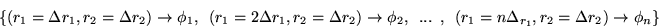 \begin{displaymath}
\left\{(r_1 = \Delta r_1 , r_2 = \Delta r_2) \rightarrow \ph...
... \Delta_{r_1} , r_2 = \Delta r_2) \rightarrow \phi_n
\right\}
\end{displaymath}