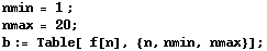 nmin = 1 ; nmax = 20 ; b := Table[  f[n], {n, nmin, nmax}] ; 