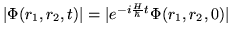 $\vert\Phi(r_1,r_2,t)\vert = \vert e^{-i \frac{H}{\hbar} t}\Phi(r_1,r_2,0)\vert$